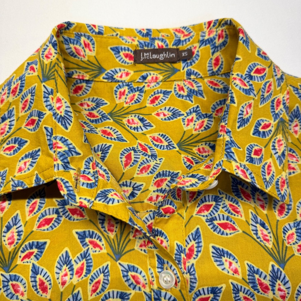 J McLaughlin XS Mustard Floral Print Cotton Shirt Preppy Palm Beach Coastal - Picture 3 of 9